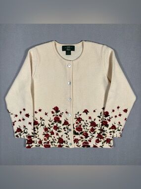 Vintage 90s Orvis Cardigan Sweater Womens Small Beige Wool Floral Roses
